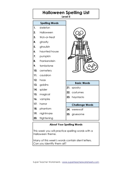 Spelling List  Spelling E Worksheet