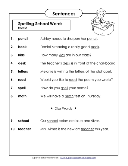 Spelling Test Sentences (A-School Words)