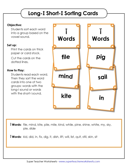 Word Sorting Cards:<br>Long I and Short I