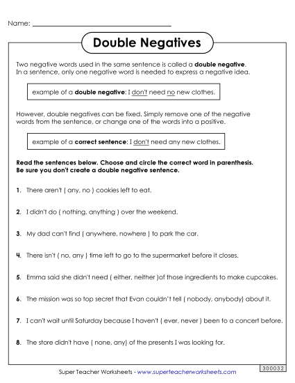Double Negatives: Circle the Correct Word<br>Worksheet 1