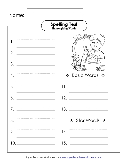 Spelling Test (B-Thanksgiving)  Spelling B Worksheet