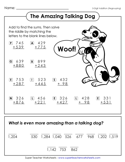 Amazing Talking Dog<br>(3-Digit Addition with Regrouping)