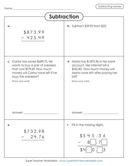 Variety Worksheet: Subtracting Money