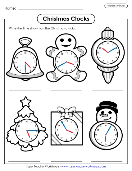 Christmas Clocks Nearest Five Minutes Worksheet