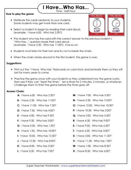 Telling Time (Nearest Half Hour)