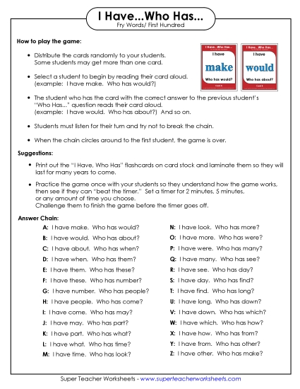 I have/Who has Game: Level 1