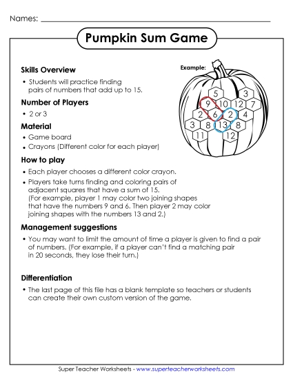 Pumpkin Sum Game Addition Sum Game Worksheet