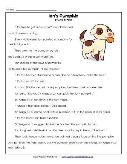 Ian\'s Pumpkin 1st Grade Reading Comprehension Worksheet