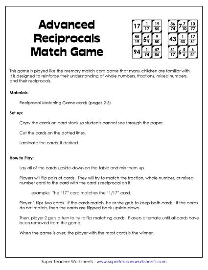 Reciprocals Matching Game (Advanced)