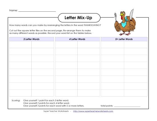 Thanksgiving Word Mix-Up (Intermediate) Worksheet