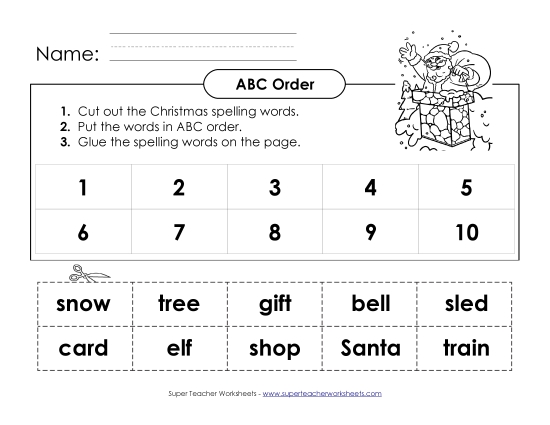 ABC Order: Cut and Glue (A-Christmas)  Spelling A Worksheet