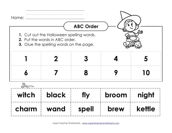 ABC Order: Cut and Glue (B-Halloween)  Free Spelling B Worksheet