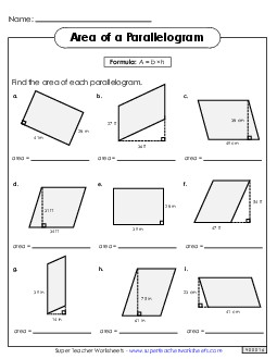 Areas of Parallelograms 6th Grade Math Worksheet