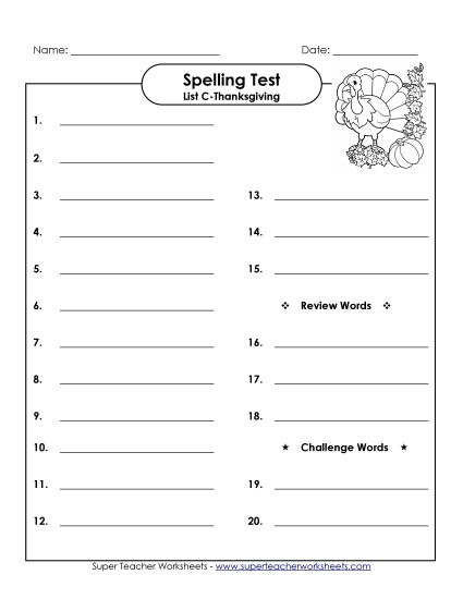 Spelling Test (C-Thanksgiving)  Spelling C Worksheet