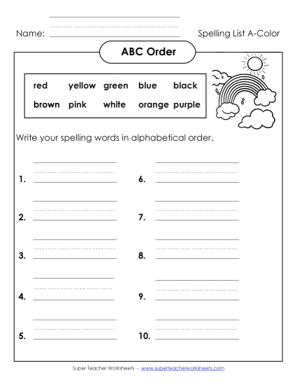 ABC Order: Write List (A-Color Words) 