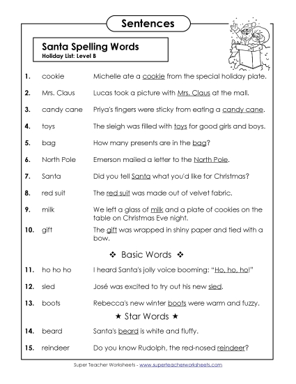 Spelling Test Sentences (B-Christmas) Spelling B Worksheet