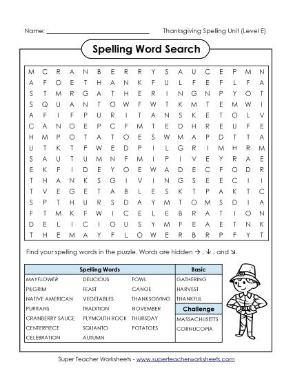 Word Search Spelling E Worksheet