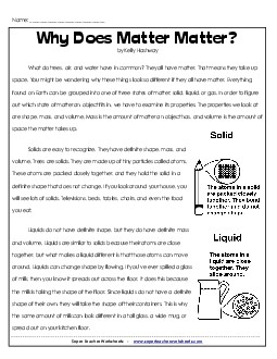 Article About Matter 3rd Grade Science Worksheet