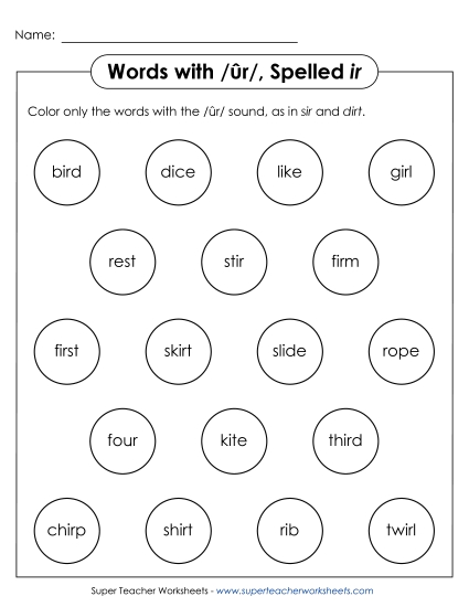 Color the Word: /ûr/ Spelled <i>ir</i>