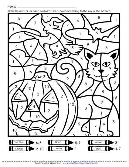 Color-by-Number: Halloween Scene Color By Number Worksheet