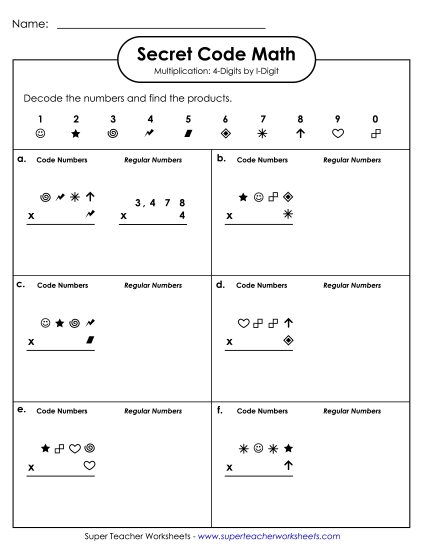 Secret Code Math:<br>4-Digit by 1-Digit Numbers