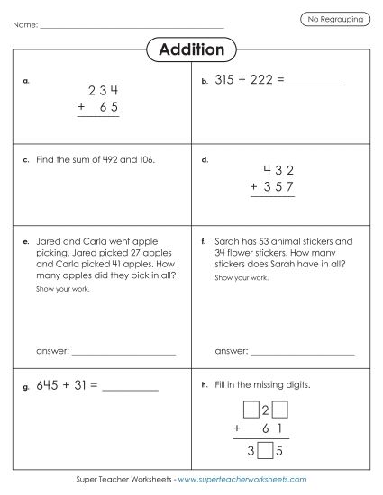 Variety Worksheet: No Regrouping