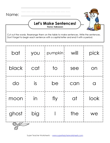 Let\'s Make Sentences: Halloween Sentences Basic Worksheet