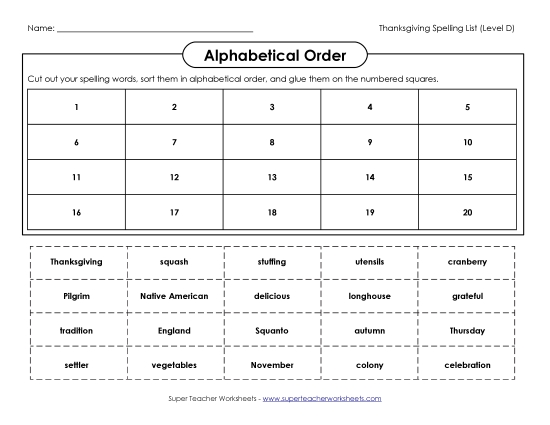 ABC Order: Cut and Paste (D-Thanksgiving) Spelling D Worksheet