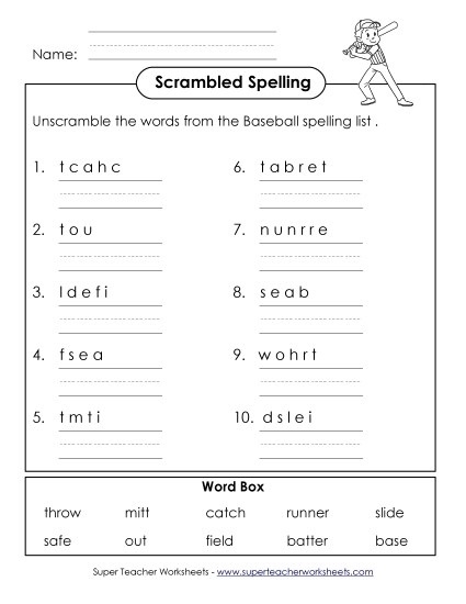Unscramble the Spelling Words (B-Baseball) 