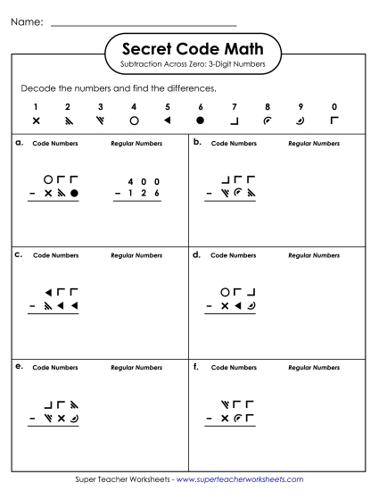 Secret Code Math:<br>3-Digit Subtraction (Across Zero)
