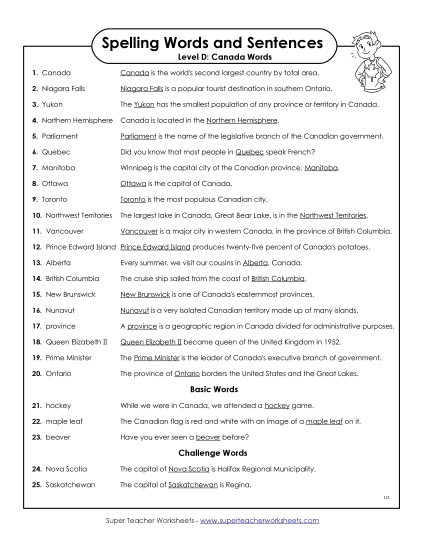 Spelling Test Sentences (D-Canada Words) 