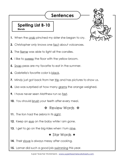 Spelling Test Sentences (B-10)