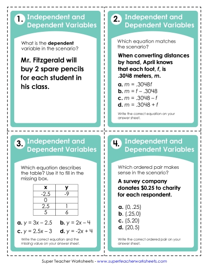 New Independent & Dependent Variables Task Cards Worksheet