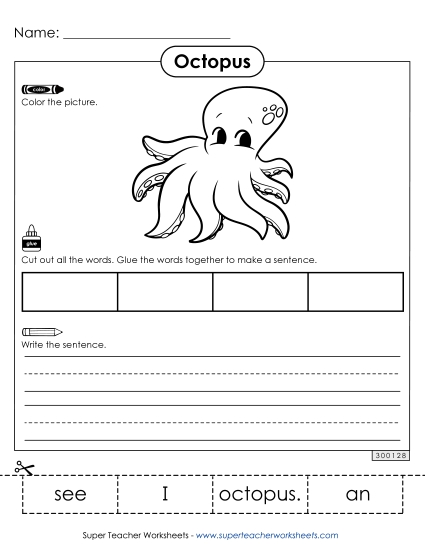 Build a Sentence: I see an octopus.