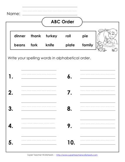 ABC Order: Write List (B-Thanksgiving)  Spelling B Worksheet