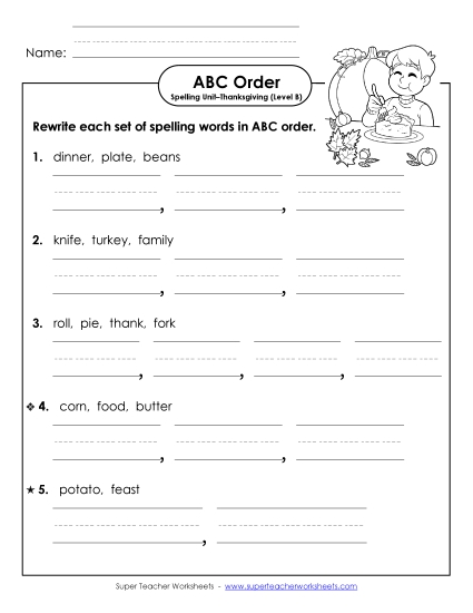 ABC Order - Word Sets (B-Thanksgiving) Spelling B Worksheet
