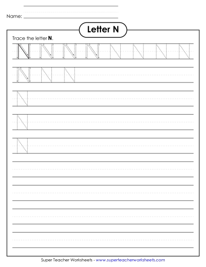 Uppercase N (Smaller Font Size) Alphabet Worksheet
