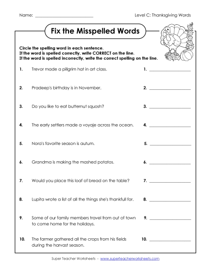 Fix the Misspelled Words (C-Thanksgiving)  Spelling C Worksheet