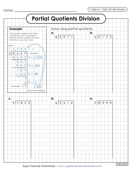 Partial Quotients (Graph Paper) <br>4-Digit by 1-Digit Division (with Remainders)