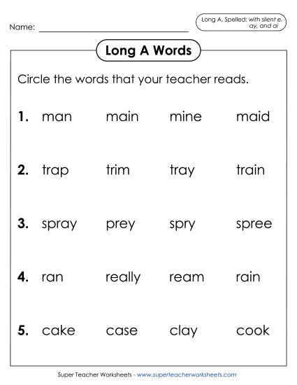 Listen and Circle: Long A<br>(with silent e, ay, and ai)