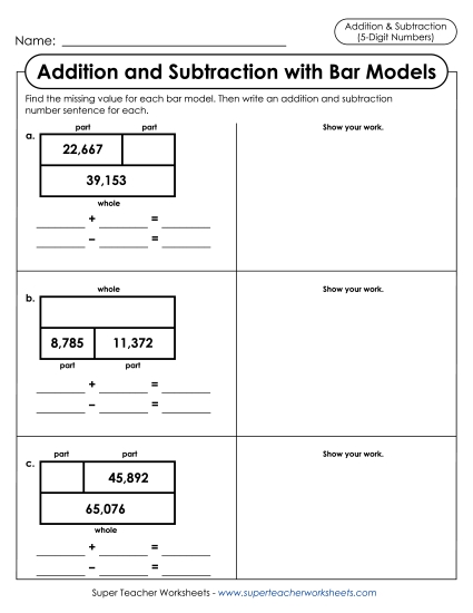 Addition-Subtraction Bar Models<br>With Work Space (5-Digit)