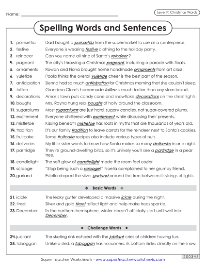 Spelling Sentences (Christmas) Spelling F Worksheet