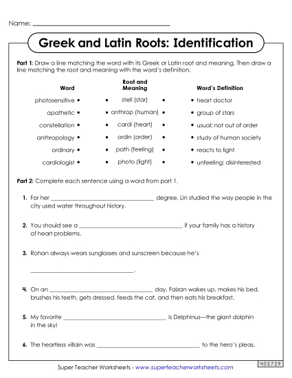 Identifying Greek and Latin Roots<br>Worksheet 1
