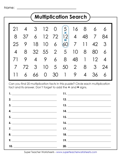 Multiplication Number Search: 0-12
