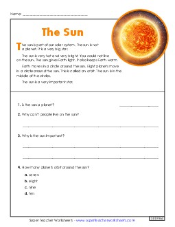 The Sun (Short Article) 2nd Grade Reading Comprehension Science Worksheet
