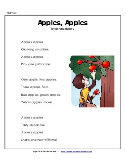 Apples, Apples (Poetry) 1st Grade Reading Comprehension ELA Worksheet