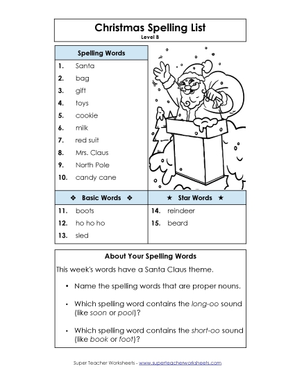 Spelling List (B-Christmas)  Free Spelling B Worksheet