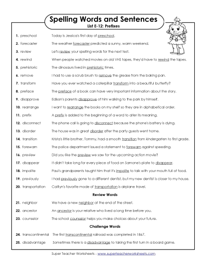 Spelling Test Sentences (E-12)