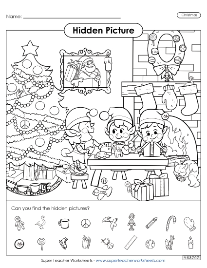 Hidden Pictures: Christmas Elves Worksheet