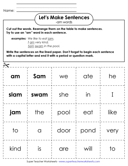 Make Sentences: Word Cards (-am)